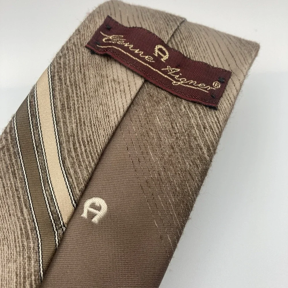 Etienne Aigner Neck Tie Tan Brown Stripe Logo Mens